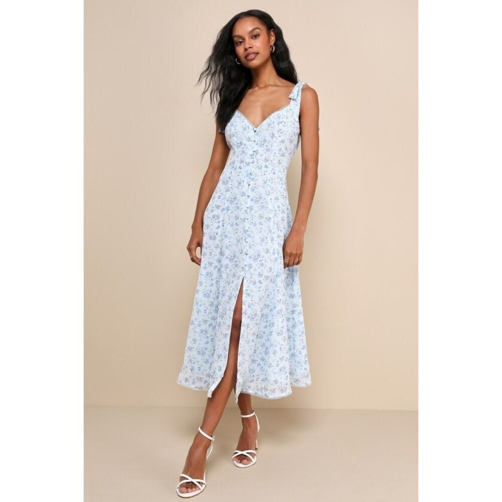 Lulus Charismatic Persona Light Blue Floral Tie-strap Midi Dress - Size S
